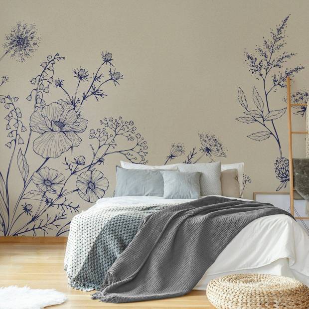 Papier peint Panoramique sur mesure Blue Linear Flowers en intissé